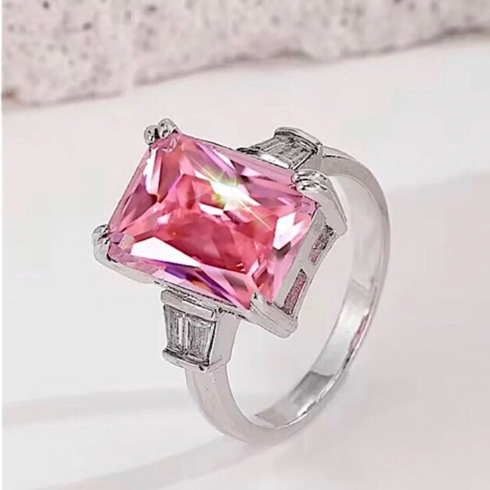 New Silver Square Cut Pink Statement Amethyst Ring